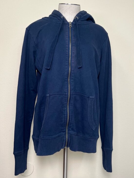 LUCKY BRAND Navy Blue and Camo Distressed Cotton Zip Up Hoodie Jacket Women's Si - Picture 1 of 7